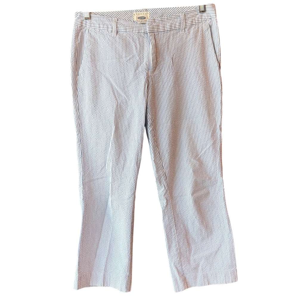 Old Navy Seersucker Striped Pants Blue White Cropped Size 6